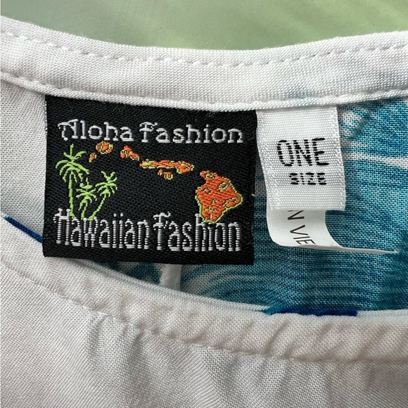 Hawaiian A Line Dress by Aloha Fashions One Size White & Blue Hawaii Time - Picture 6 of 7